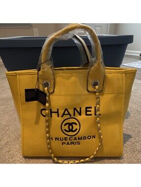 CHANEL Yellow Tote Bag Chain Strap Top Handles Magnetic Close 31 Rue Cambon